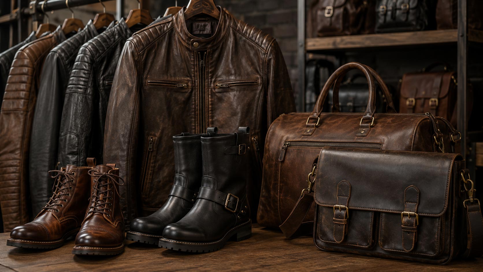 Lederjacken, Stiefel und Taschen